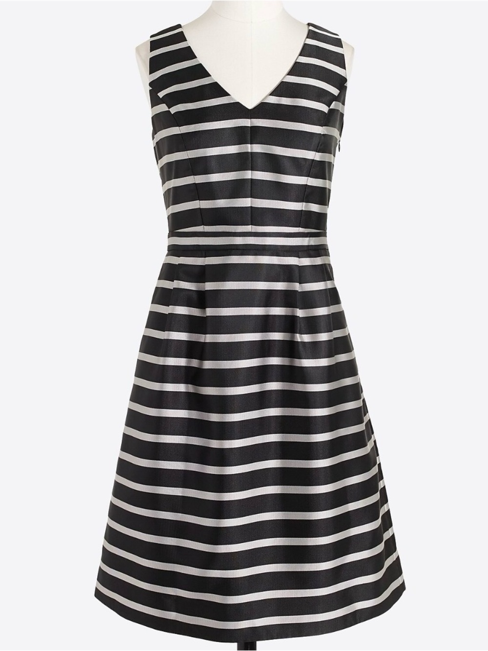 J.Crew Factory Black Silver Striped Jacquard Fit Flare Dress Size 14 Pockets